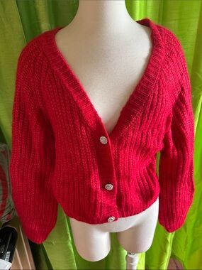 Red Ribbed V-Neck Button Cardigan Sweater